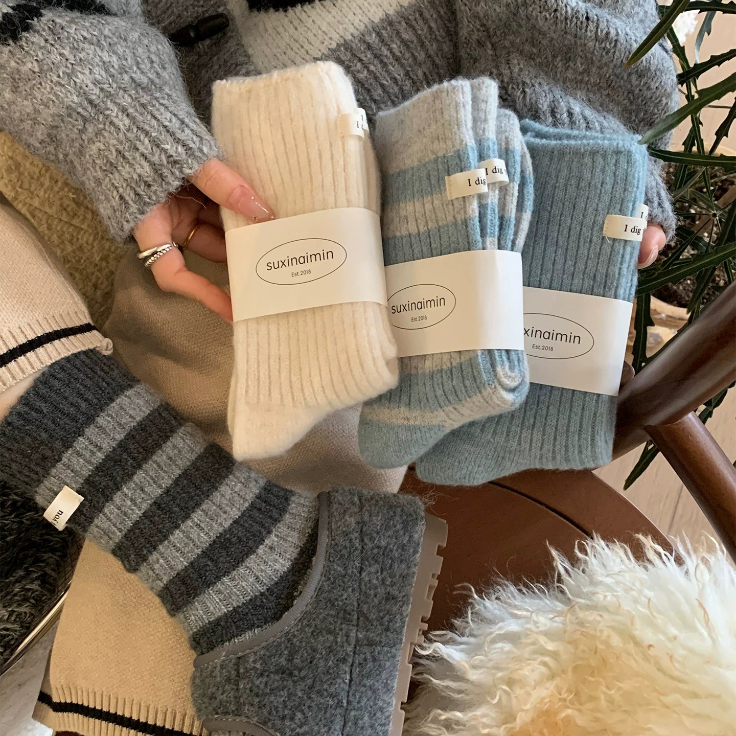 Porlsdn | Women’s Striped Wool Mid-Calf Socks for Fall & Winter Wear