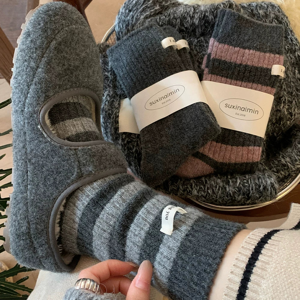 Porlsdn | Women’s Striped Wool Mid-Calf Socks for Fall & Winter Wear