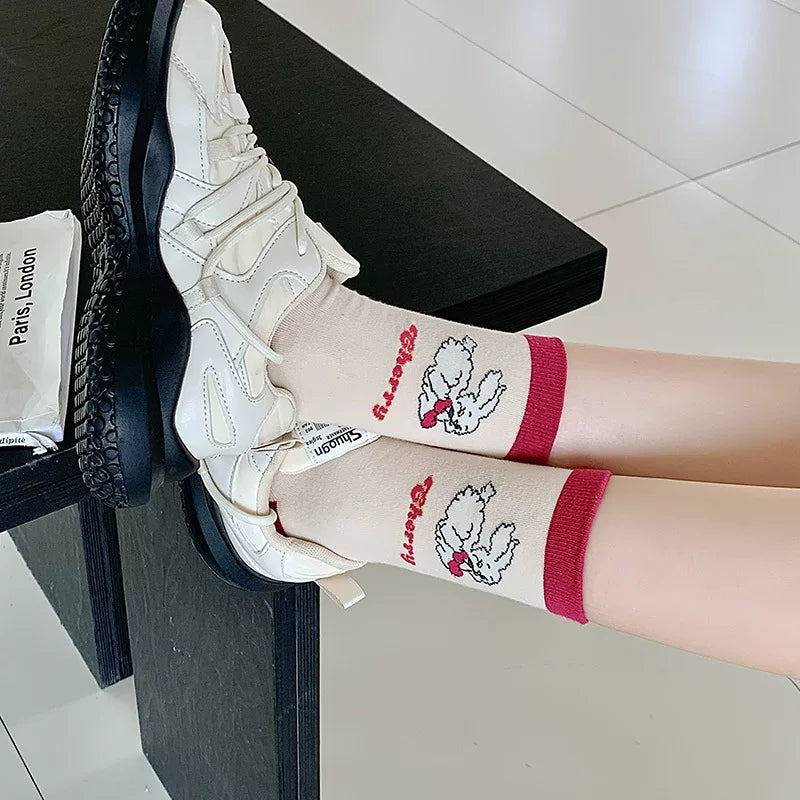 Porlsdn | Women’s Retro Cartoon Rabbit Floral Embroidered Mid-Calf Cotton Socks