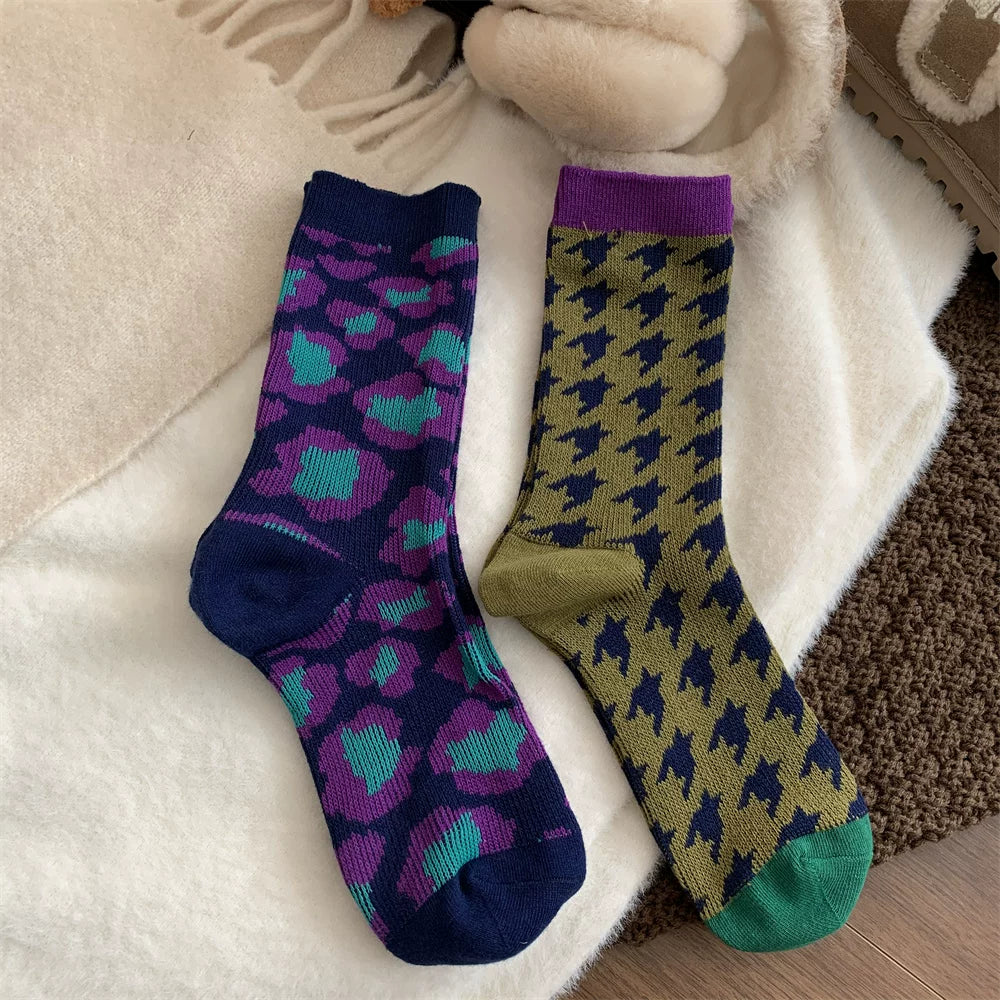 Porlsdn | Women’s Houndstooth Mid-Calf Cotton Socks for Autumn and Winter