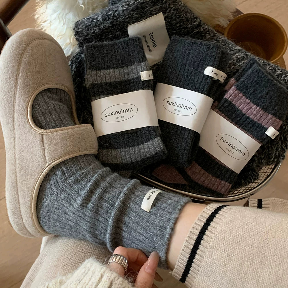 Porlsdn | Women’s Striped Wool Mid-Calf Socks for Fall & Winter Wear
