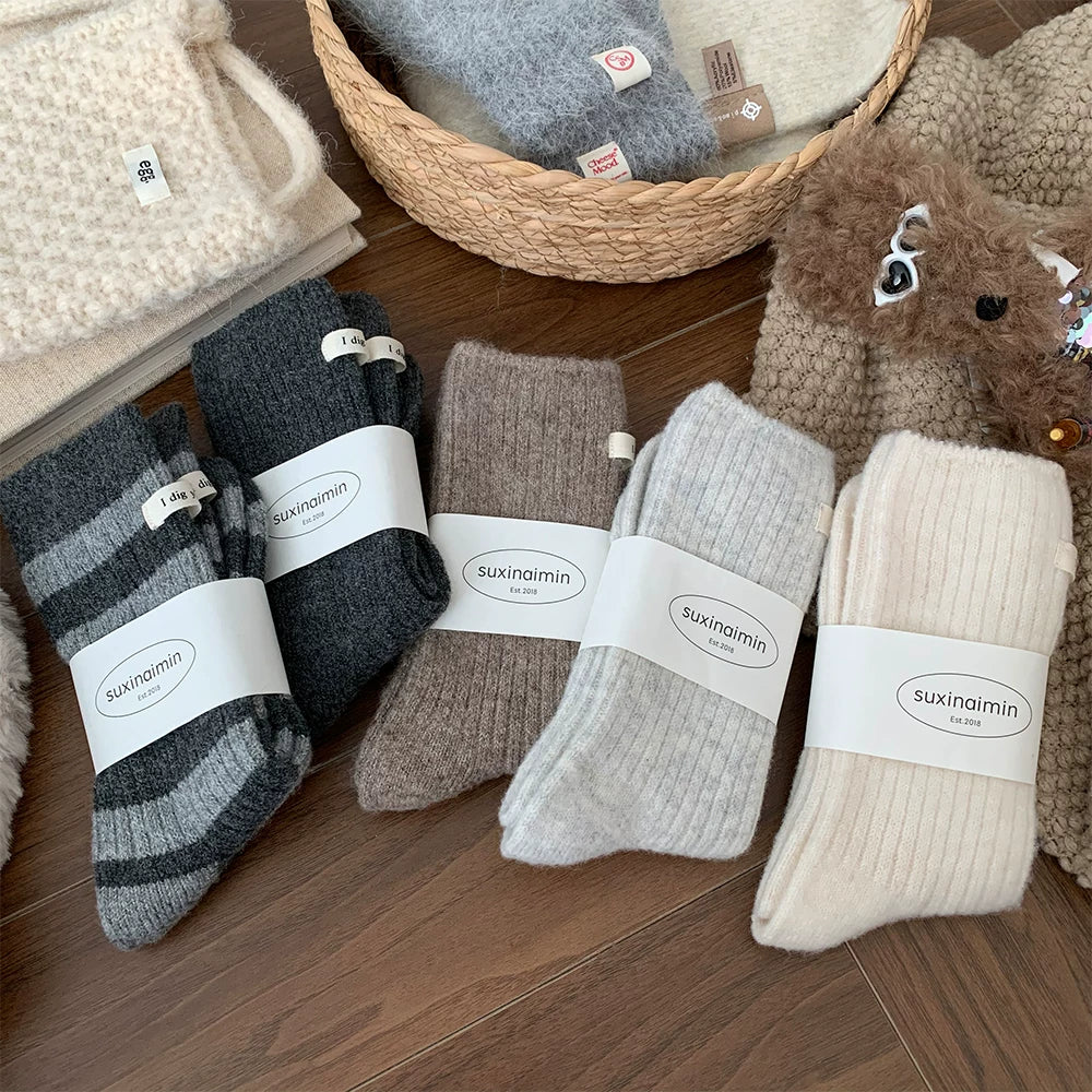 Porlsdn | Women’s Striped Wool Mid-Calf Socks for Fall & Winter Wear