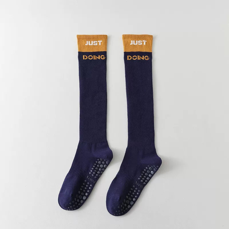 Porlsdn | Women’s Long Tube Cotton Yoga Socks – Color Block Non-Slip Pilates Floor Socks