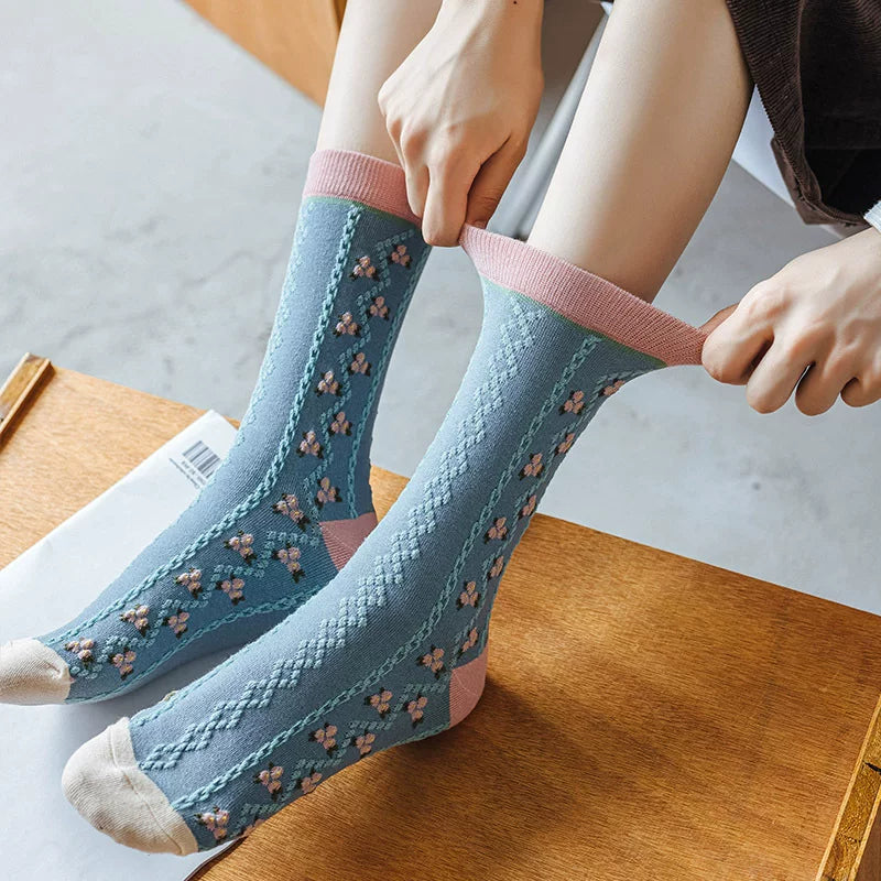 Porlsdn | Women’s Cream Floral Cotton Mid-Calf Socks for Everyday Wear