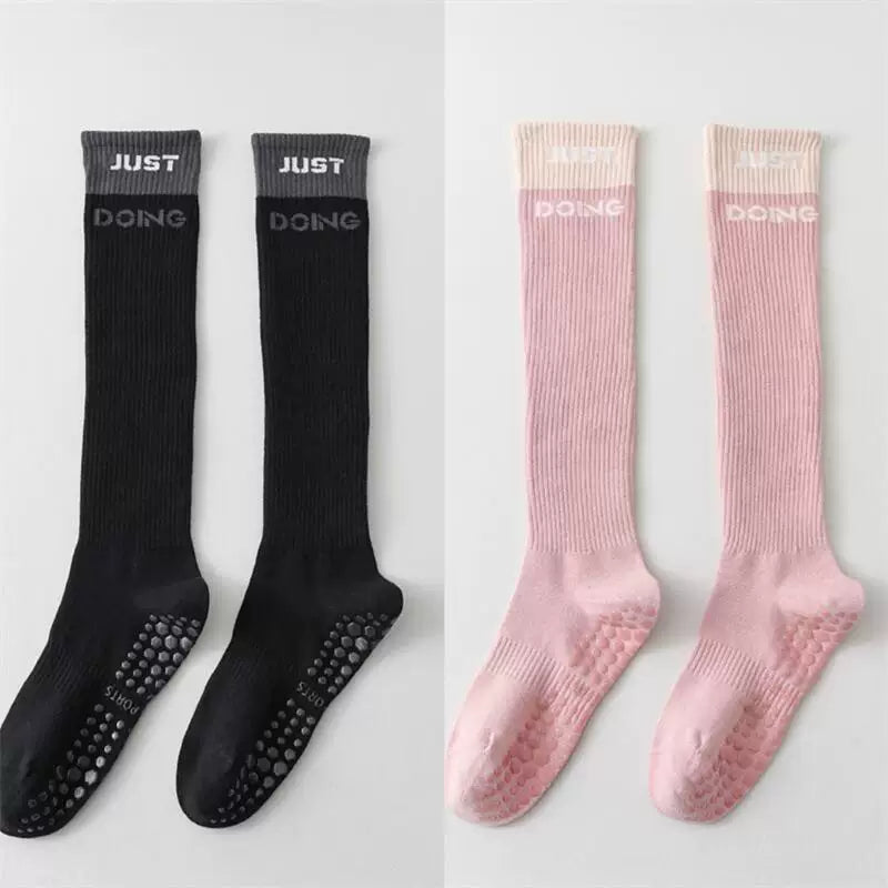 Porlsdn | Women’s Long Tube Cotton Yoga Socks – Color Block Non-Slip Pilates Floor Socks