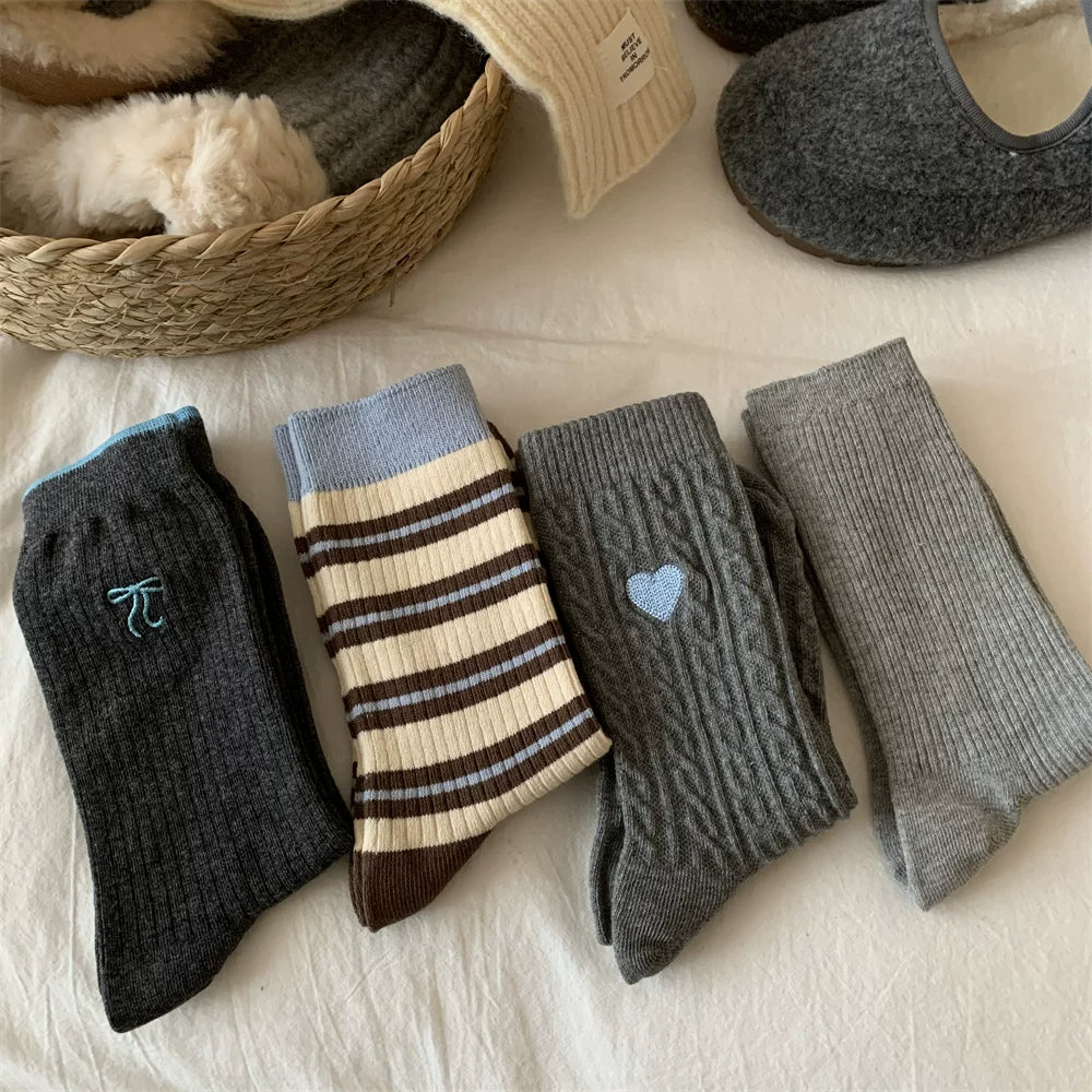 Porlsdn | Women’s Gray Mid-Calf Cotton Socks for Cooler Seasons