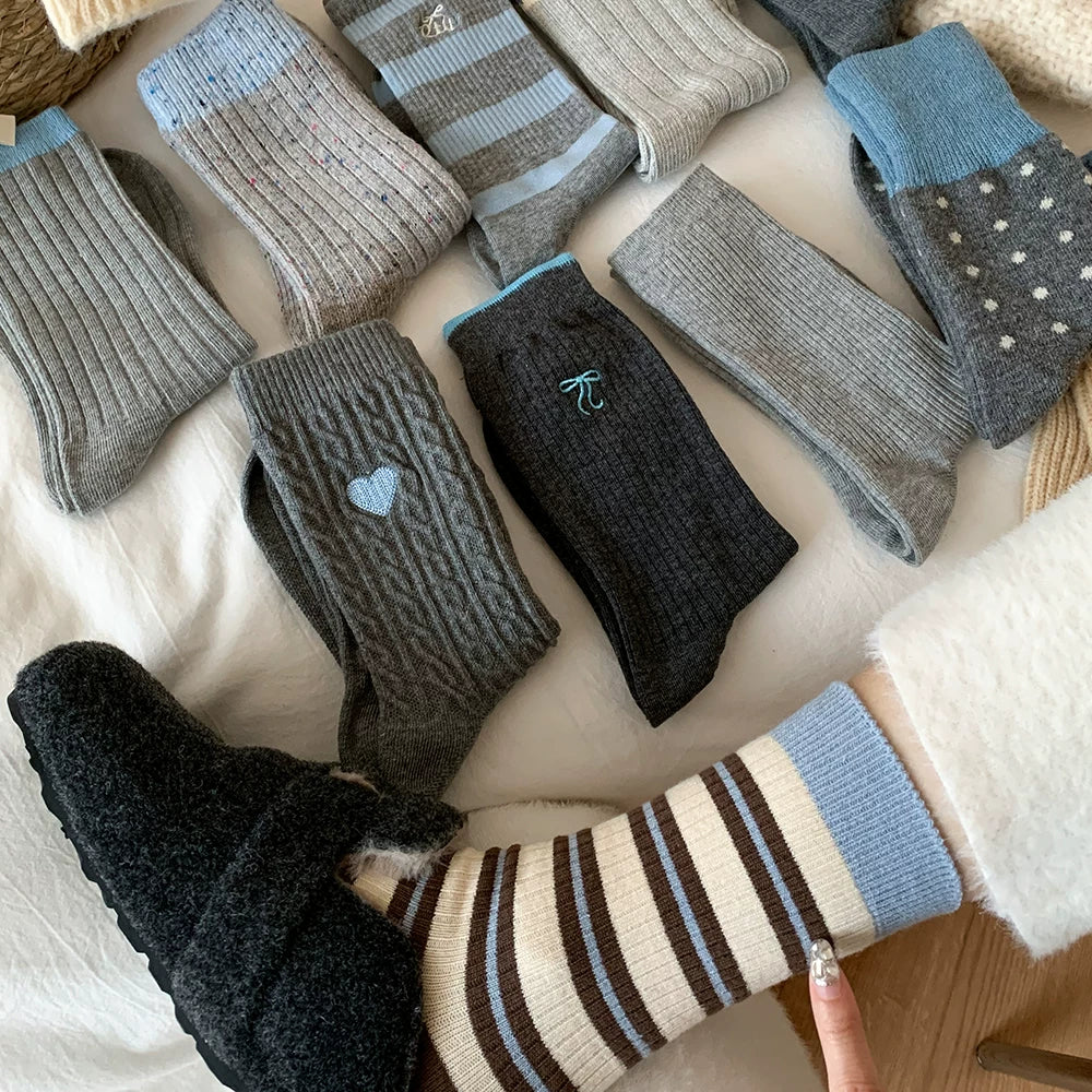 Porlsdn | Women’s Gray Mid-Calf Cotton Socks for Cooler Seasons