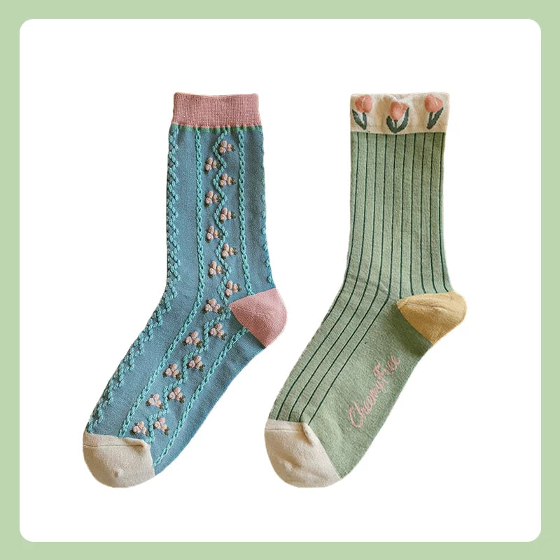 Porlsdn | Women’s Cream Floral Cotton Mid-Calf Socks for Everyday Wear