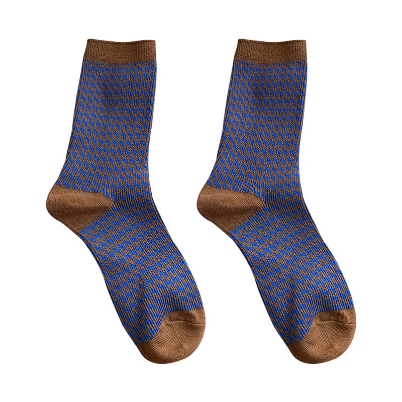 Porlsdn | Women’s Houndstooth Mid-Calf Cotton Socks for Autumn and Winter