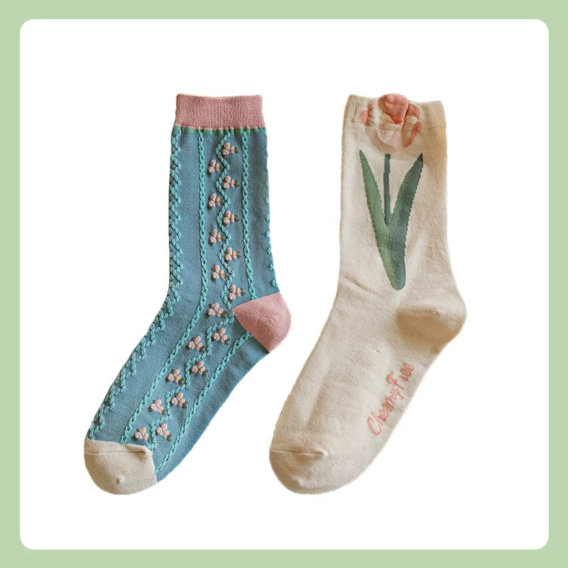 Porlsdn | Women’s Cream Floral Cotton Mid-Calf Socks for Everyday Wear