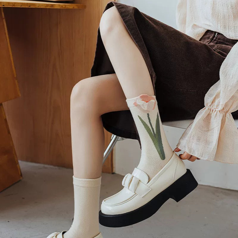 Porlsdn | Women’s Cream Floral Cotton Mid-Calf Socks for Everyday Wear