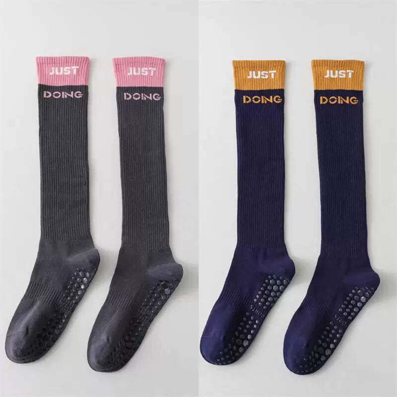 Porlsdn | Women’s Long Tube Cotton Yoga Socks – Color Block Non-Slip Pilates Floor Socks