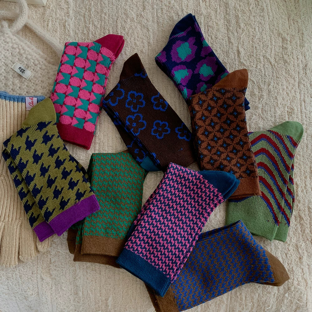 Porlsdn | Women’s Houndstooth Mid-Calf Cotton Socks for Autumn and Winter