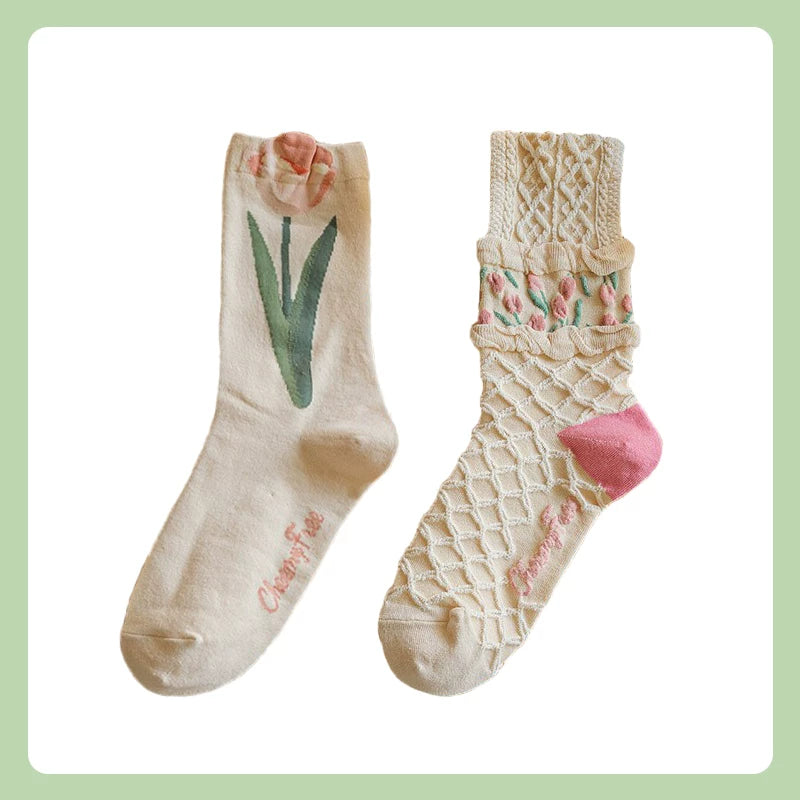 Porlsdn | Women’s Cream Floral Cotton Mid-Calf Socks for Everyday Wear