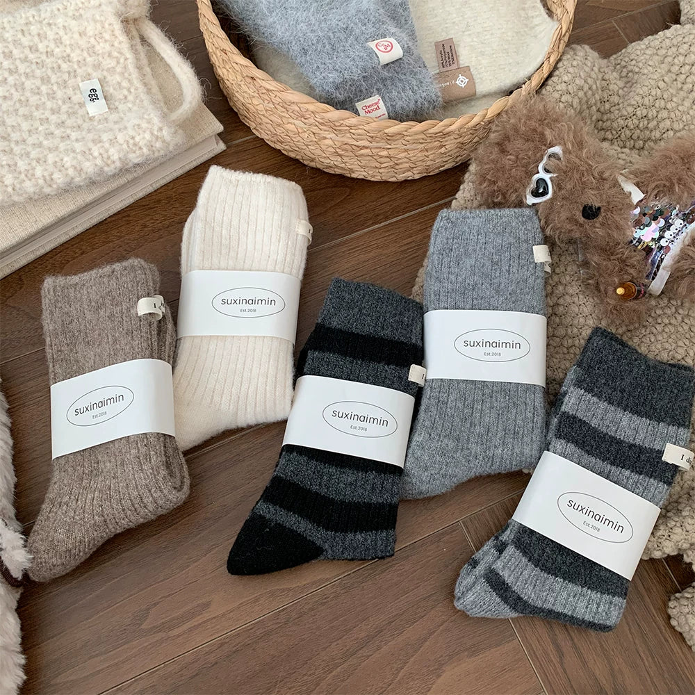 Porlsdn | Women’s Striped Wool Mid-Calf Socks for Fall & Winter Wear