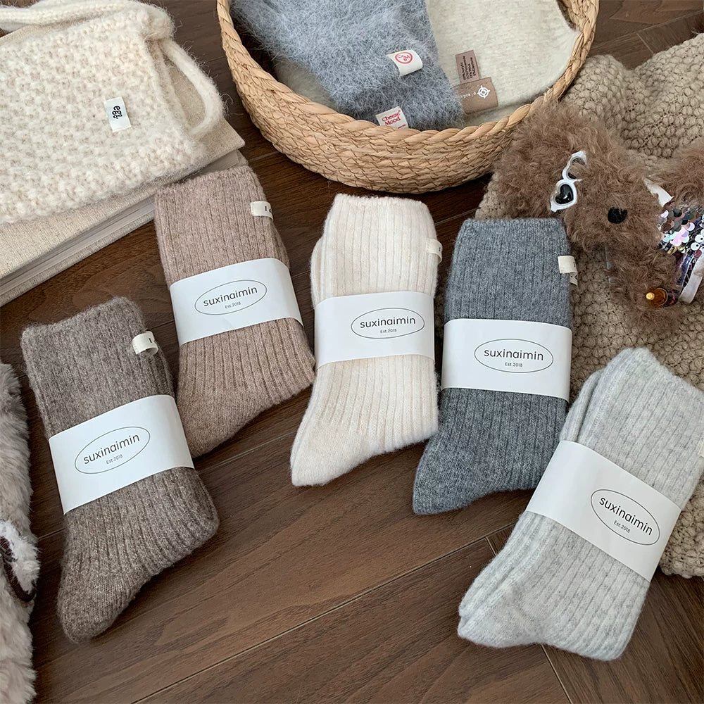 Porlsdn | Women’s Striped Wool Mid-Calf Socks for Fall & Winter Wear