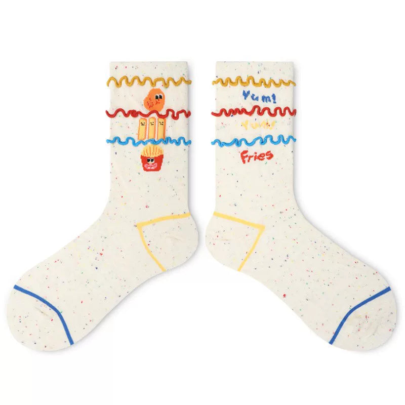 Porlsdn | Women’s Cartoon Snack Pattern Mid-Calf Socks, Colorful Design