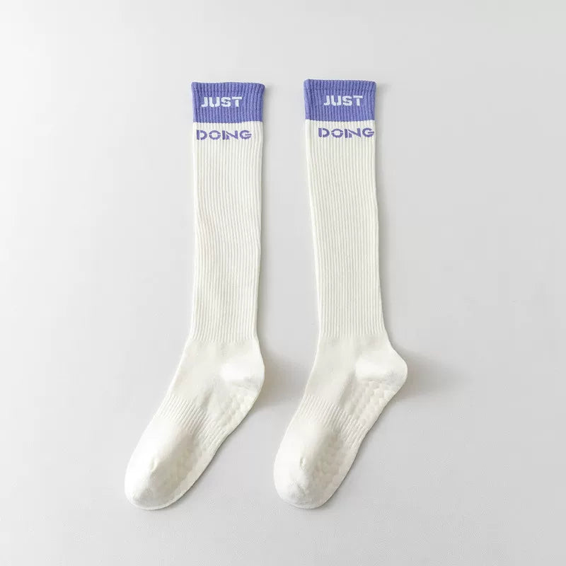 Porlsdn | Women’s Long Tube Cotton Yoga Socks – Color Block Non-Slip Pilates Floor Socks