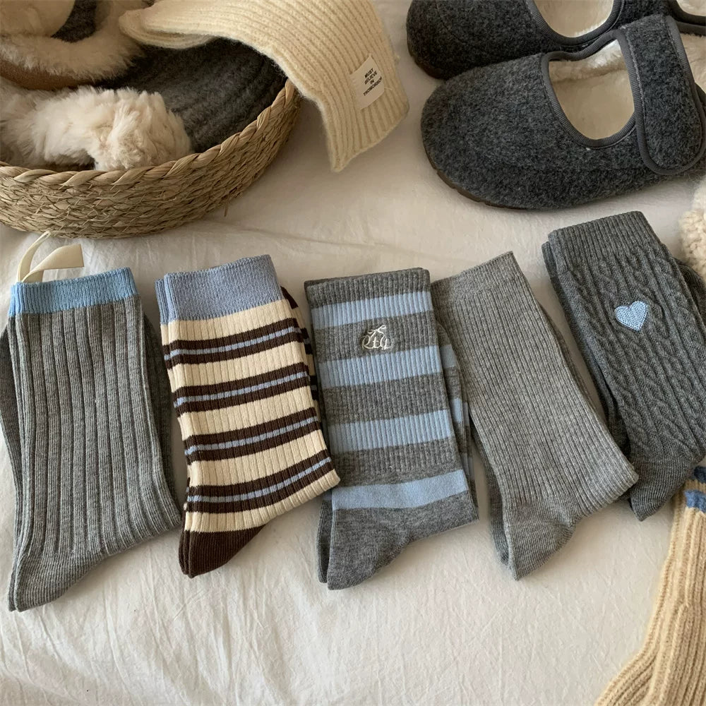 Porlsdn | Women’s Gray Mid-Calf Cotton Socks for Cooler Seasons