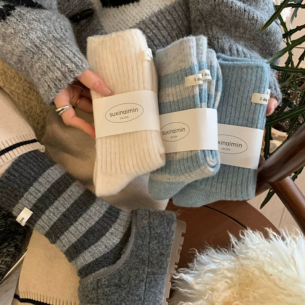 Porlsdn | Women’s Striped Wool Mid-Calf Socks for Fall & Winter Wear