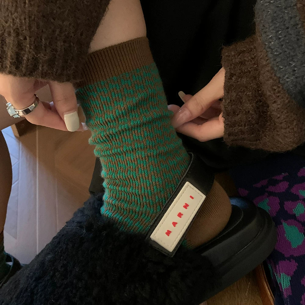 Porlsdn | Women’s Houndstooth Mid-Calf Cotton Socks for Autumn and Winter