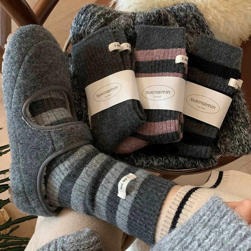 Porlsdn | Women’s Striped Wool Mid-Calf Socks for Fall & Winter Wear