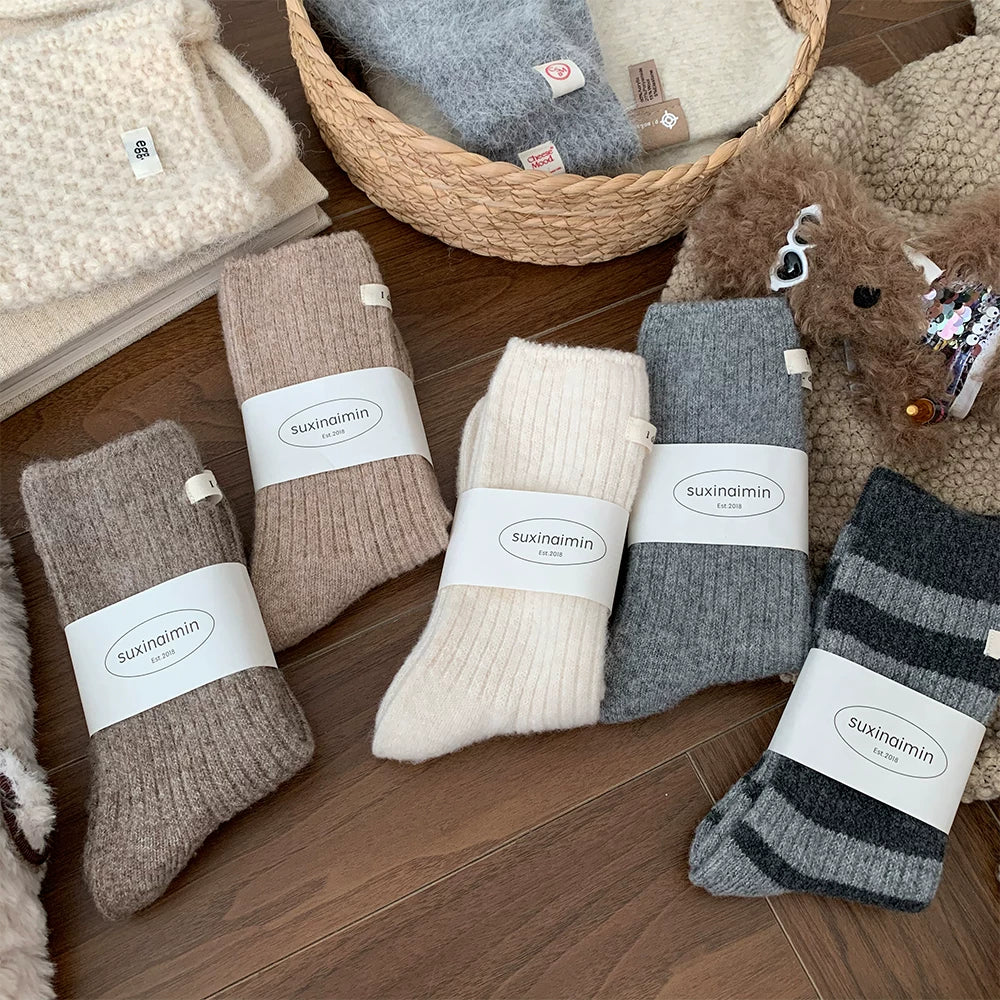 Porlsdn | Women’s Striped Wool Mid-Calf Socks for Fall & Winter Wear
