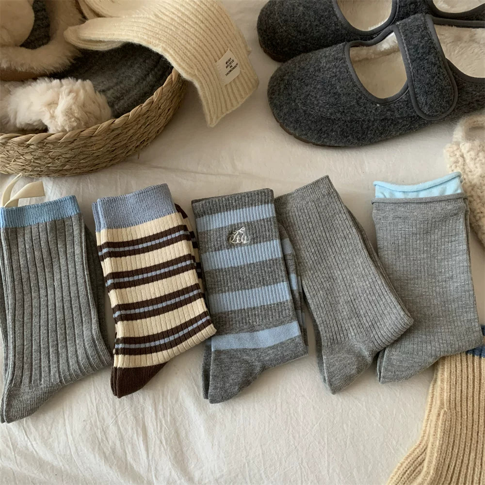 Porlsdn | Women’s Gray Mid-Calf Cotton Socks for Cooler Seasons