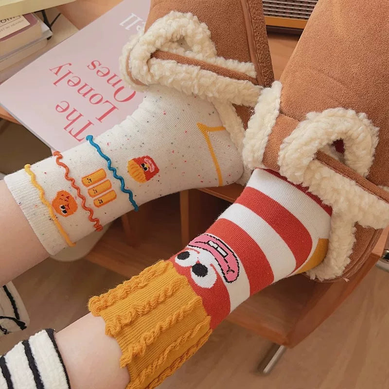 Porlsdn | Women’s Cartoon Snack Pattern Mid-Calf Socks, Colorful Design