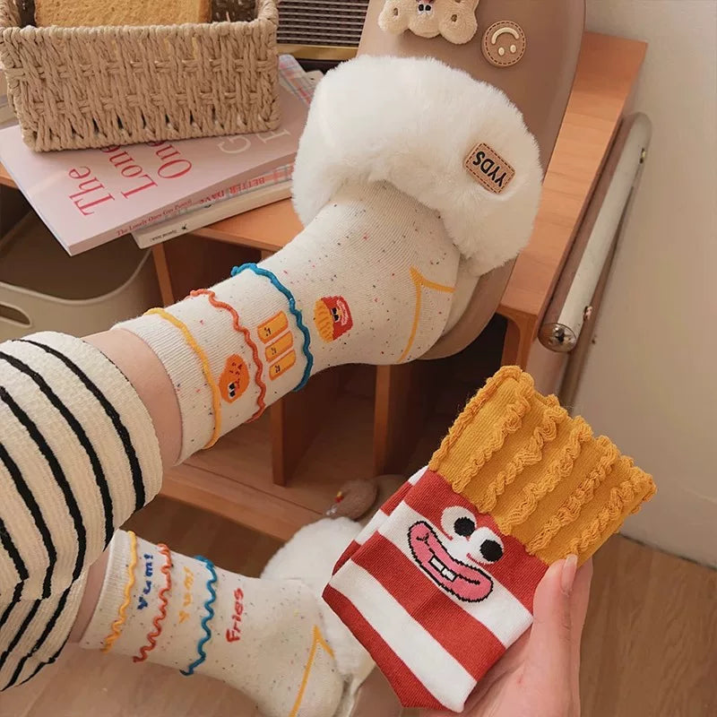 Porlsdn | Women’s Cartoon Snack Pattern Mid-Calf Socks, Colorful Design