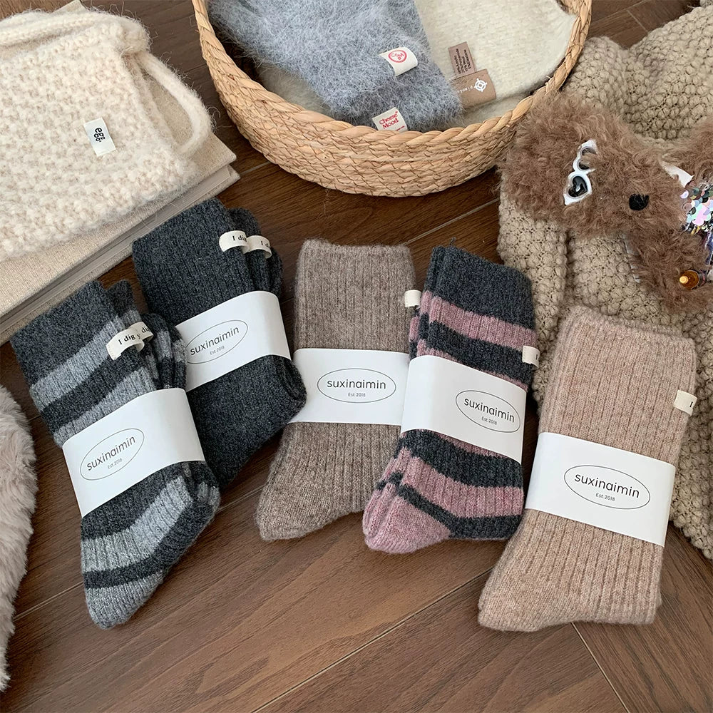 Porlsdn | Women’s Striped Wool Mid-Calf Socks for Fall & Winter Wear