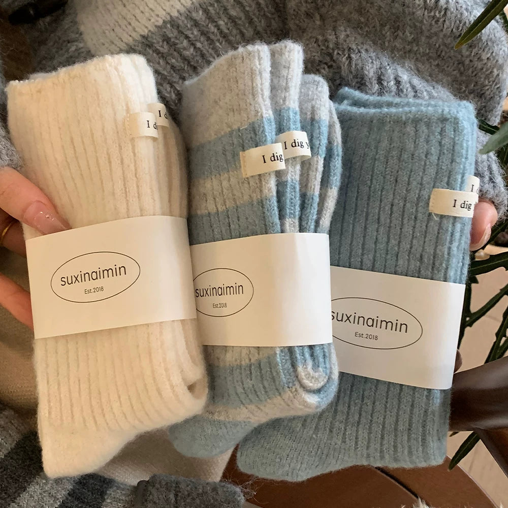 Porlsdn | Women’s Striped Wool Mid-Calf Socks for Fall & Winter Wear