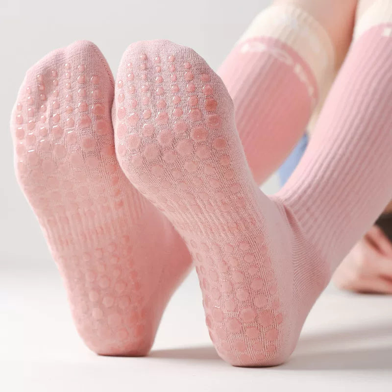 Porlsdn | Women’s Long Tube Cotton Yoga Socks – Color Block Non-Slip Pilates Floor Socks
