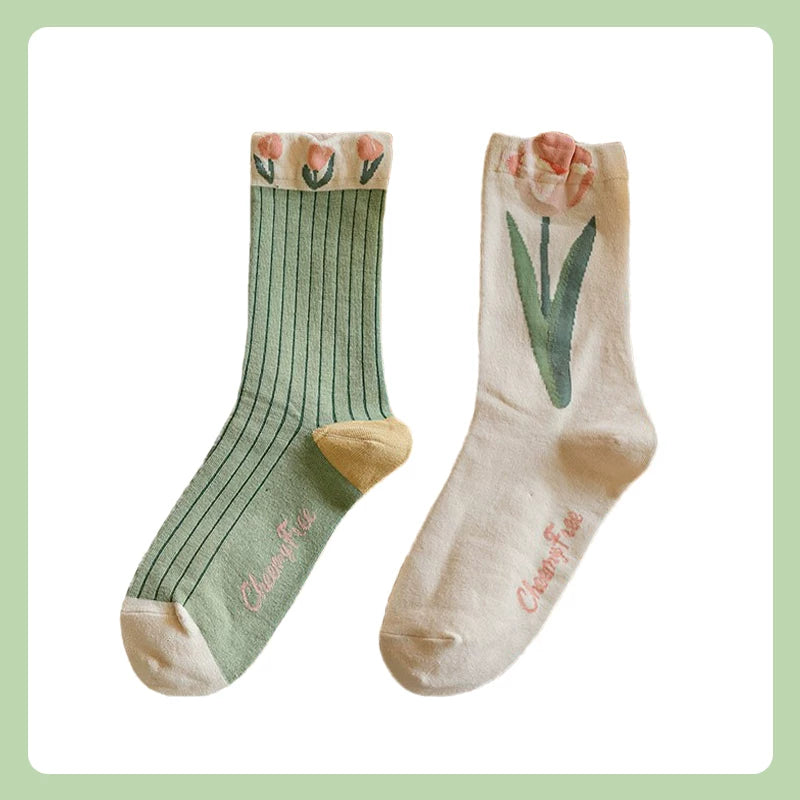 Porlsdn | Women’s Cream Floral Cotton Mid-Calf Socks for Everyday Wear
