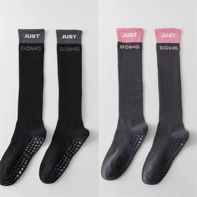 Porlsdn | Women’s Long Tube Cotton Yoga Socks – Color Block Non-Slip Pilates Floor Socks