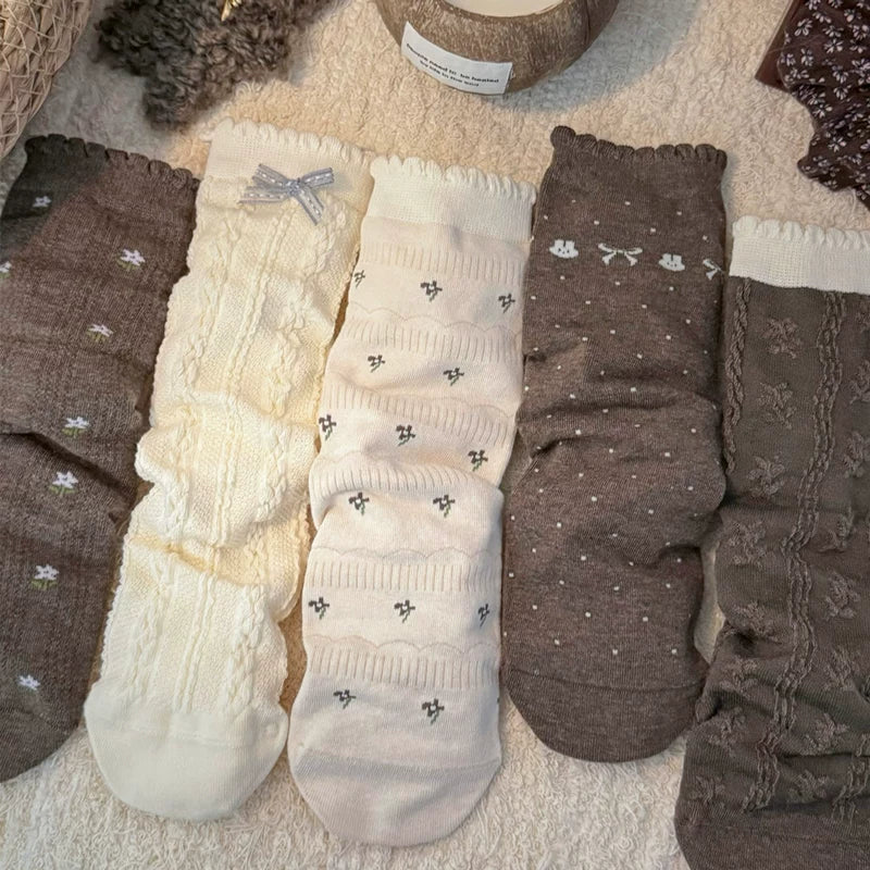 Porlsdn | Women’s Coffee-Tone Cotton Mid-Calf Socks for Fall & Winter