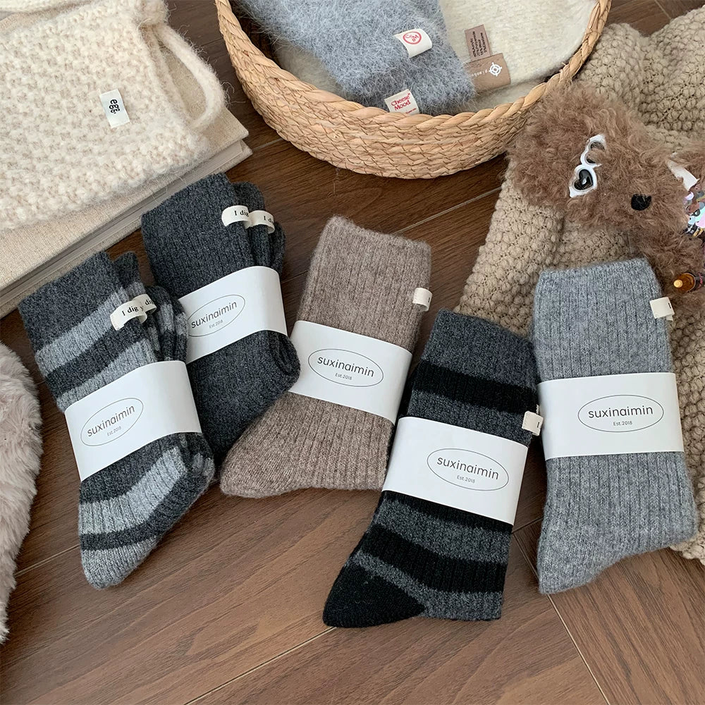 Porlsdn | Women’s Striped Wool Mid-Calf Socks for Fall & Winter Wear