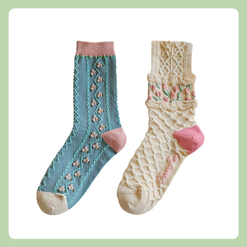Porlsdn | Women’s Cream Floral Cotton Mid-Calf Socks for Everyday Wear