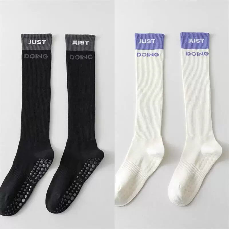 Porlsdn | Women’s Long Tube Cotton Yoga Socks – Color Block Non-Slip Pilates Floor Socks