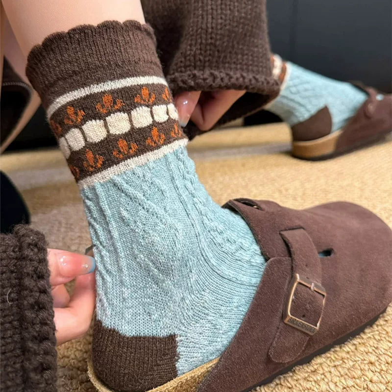 Porlsdn | Women’s Brown Wool Blend Mid-Calf Socks for Fall & Winter